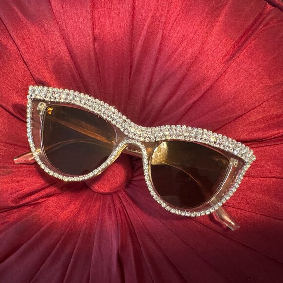 SALE!  Sunglasses Blinged Out Rhinestones Encrusted Clear Cat Eye Brown Lenses main image 4